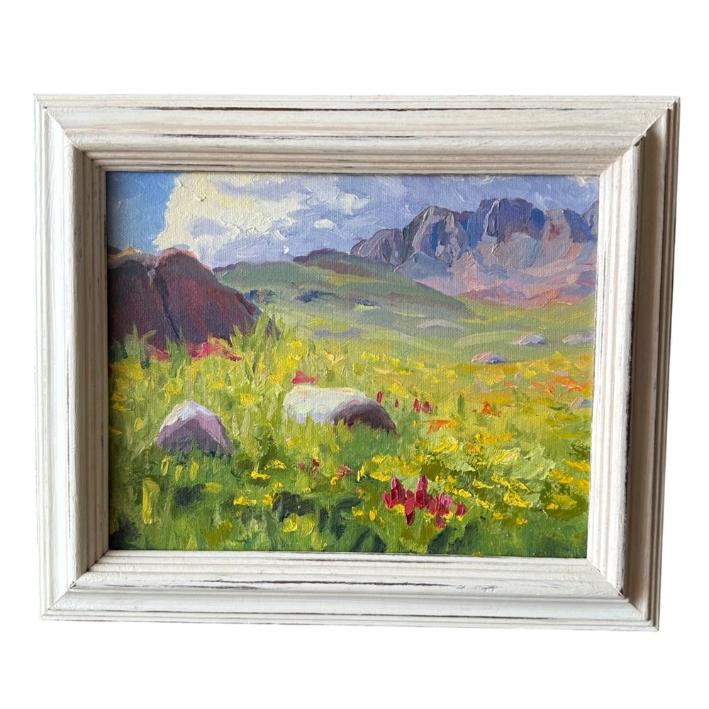 Original Impressionist Mountain Landscape Painting Wildflower Meadow Framed